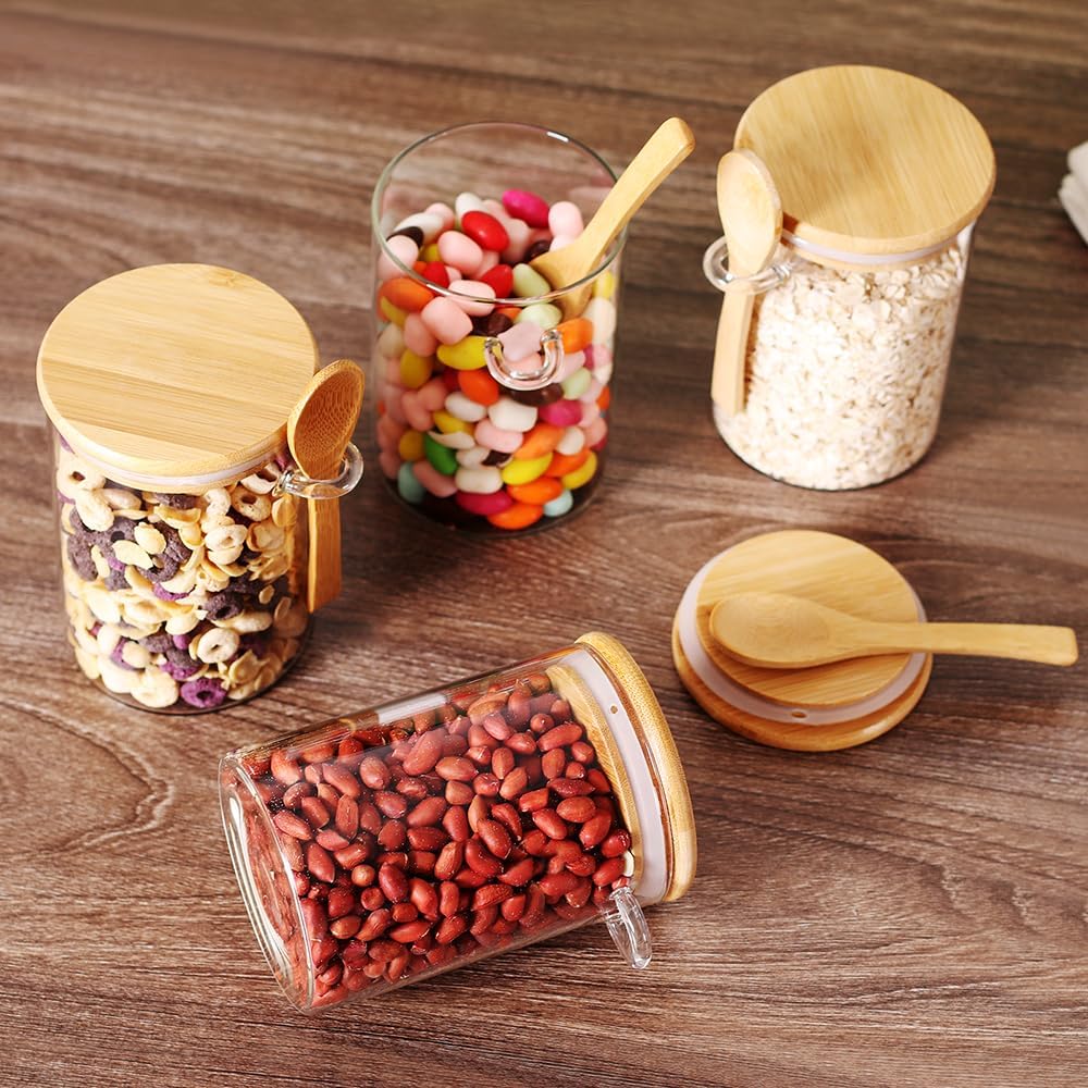 17 OZ Glass Containers with Bamboo Lids and Wooden Spoons (6 Pack) N4891