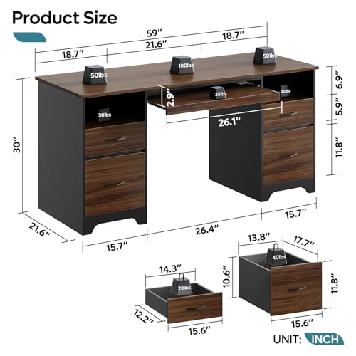 59" Computer Desk with 4 Drawers and File Drawer N74399