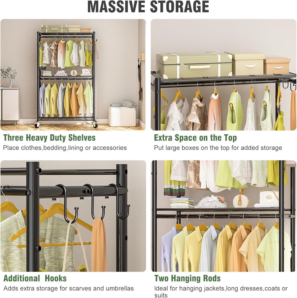 Heavy Duty Metal Rolling Clothes Rack with Double Rods & 3 Wire Shelves X99438
