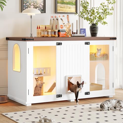 White Multi-Functional Cat Litter Box Enclosure with Smart Door & LED Light W393584