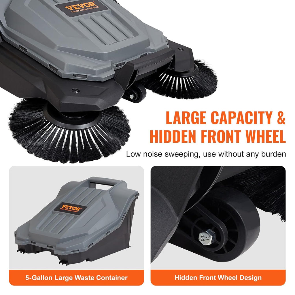 25.6" Sweeping Width Manual Non-Electric Floor Sweeper with 5-Gallon Waste Container X520
