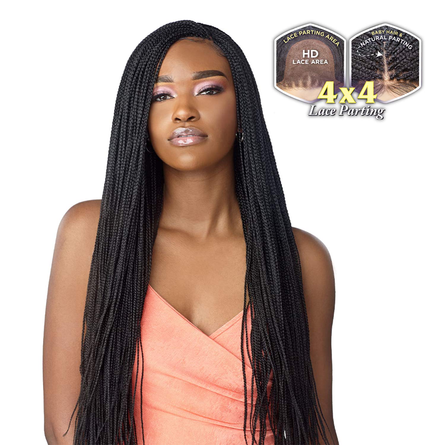 Braided Swiss Lace Wig 4X4 Lace Parting Micro Box Braid 28" (1-pack, T1B/BG) R754386