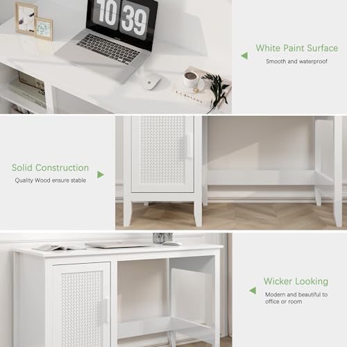 White Rattan Wood Desk with Drawers and Cabinet N564