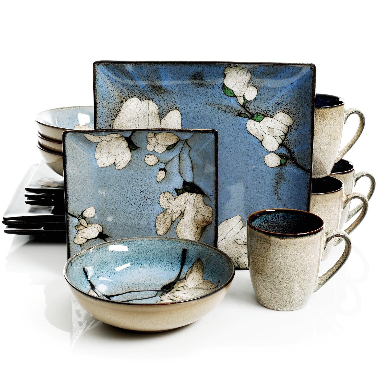 16 Piece Blue Floral Stoneware Square Dinnerware Set C493814