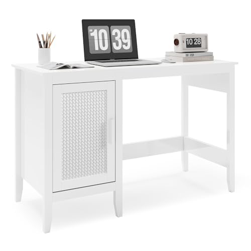 White Rattan Wood Desk with Drawers and Cabinet N564