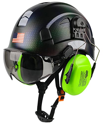 Safety Helmet Hard Hat with Visor and Ear Protection Adjustable Lightweight Vented ABS Work Helmet 6-Point Suspension T7409