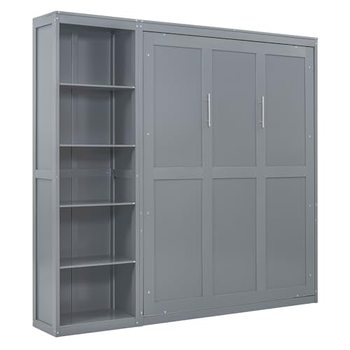 Queen Murphy Bed with Storage Bookcase Shelves, Wood Folding Grey Murphy Wall Bed Cabinet Q345567