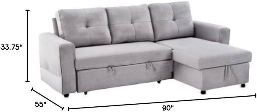Gray 90" Reversible Pull Out Sleeper L-Shaped Sectional Sofa-Bed with Storage Chaise D65718