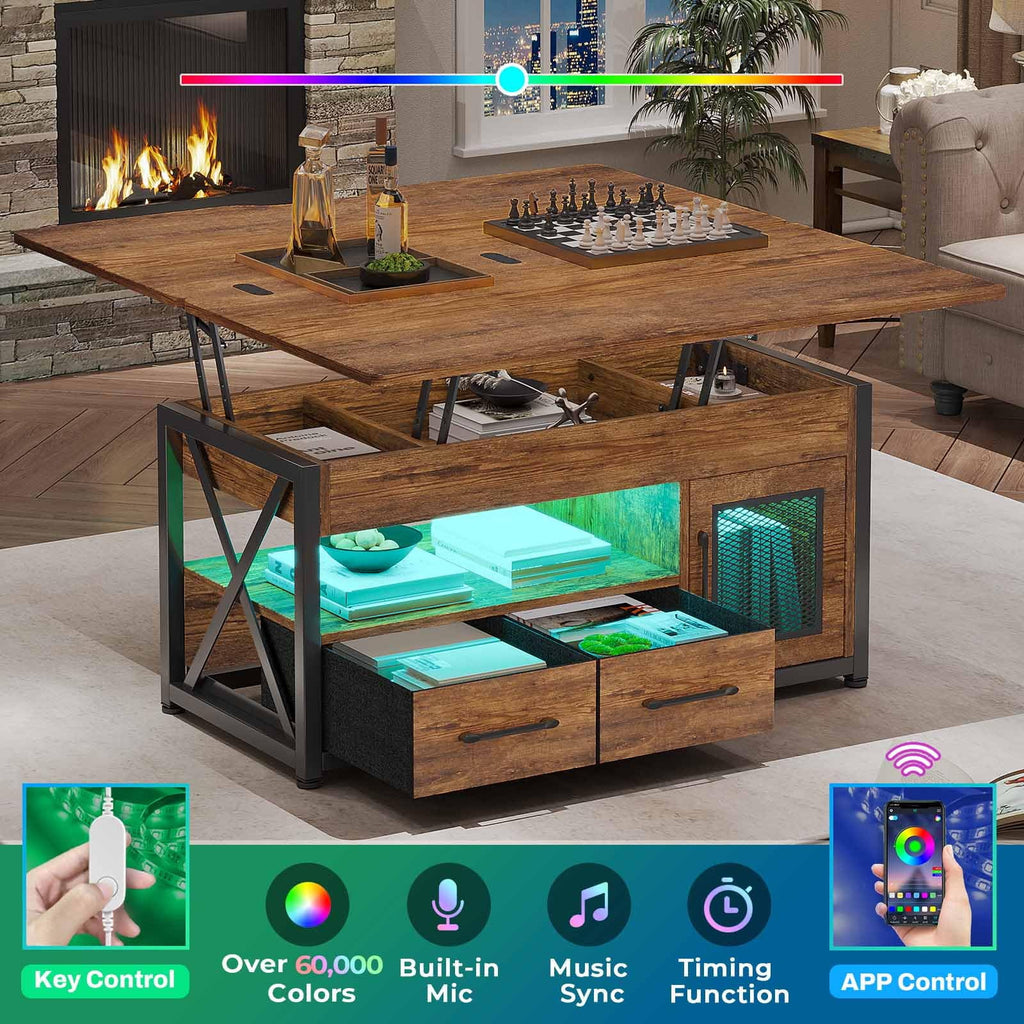 40" Lift Top Coffee Table with Storage Cabinet, 2 Fabric Drawers and LED Light, Rustic Brown D42404