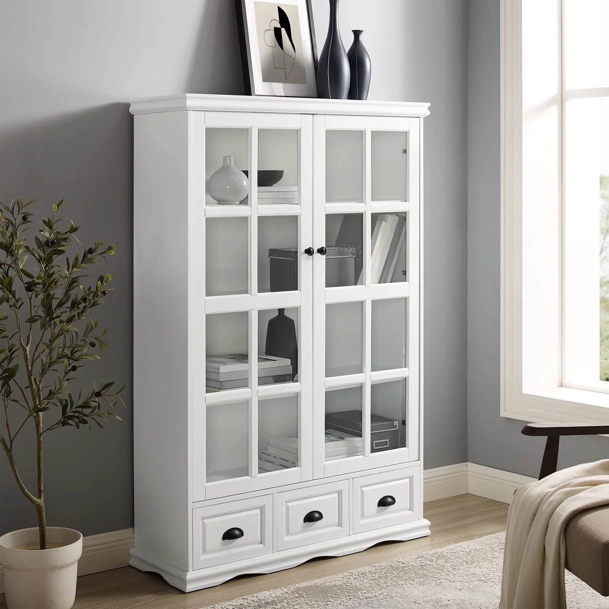 White Storage Cabinet with Tempered Glass Doors and Triple Drawers R9068