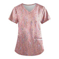 Floral Printed Short Sleeve V Neck Scrubs Tops with Pocket S6594