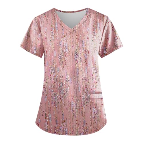 Floral Printed Short Sleeve V Neck Scrubs Tops with Pocket S6594