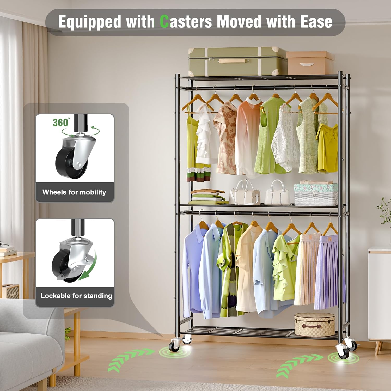 Heavy Duty Metal Rolling Clothes Rack with Double Rods & 3 Wire Shelves X99438