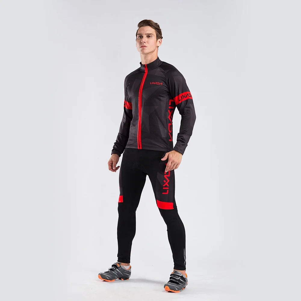 Men's Thermal Fleece Cycling Clothing Set - Long Sleeve Jacket & Windproof Padded Pants K371219
