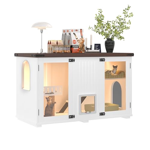 White Multi-Functional Cat Litter Box Enclosure with Smart Door & LED Light W393584