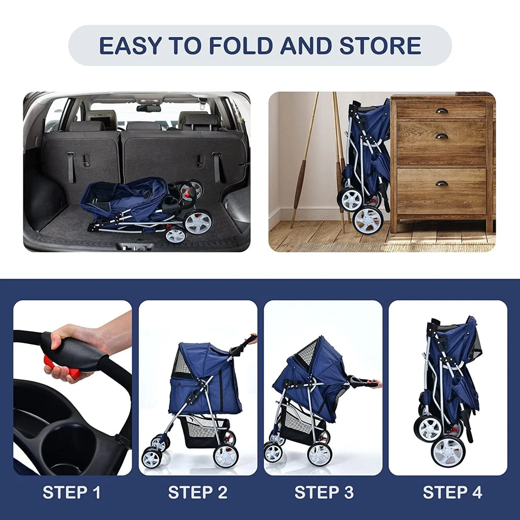 Navy Pet Stroller with 4 Lockable Wheels and Removable Liner R801