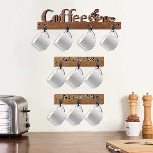 3 Pack Wall Mounted Wooden Coffee Mug Shelf with 10 Hooks J15873