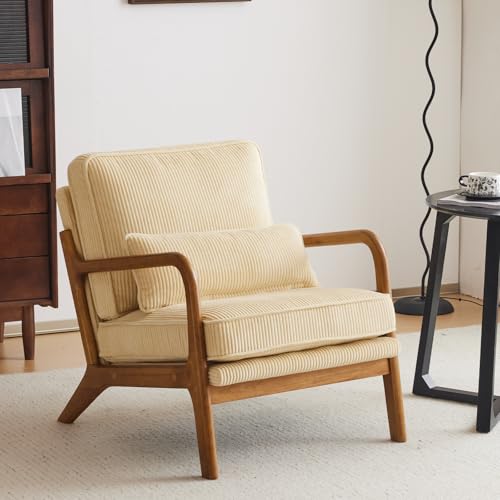 Linen White Accent Chair with Pillow Solid Wood Frame I626