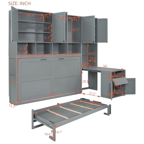 Grey Wooden Twin Murphy Bed with Storage Cabinet and Desk V8757