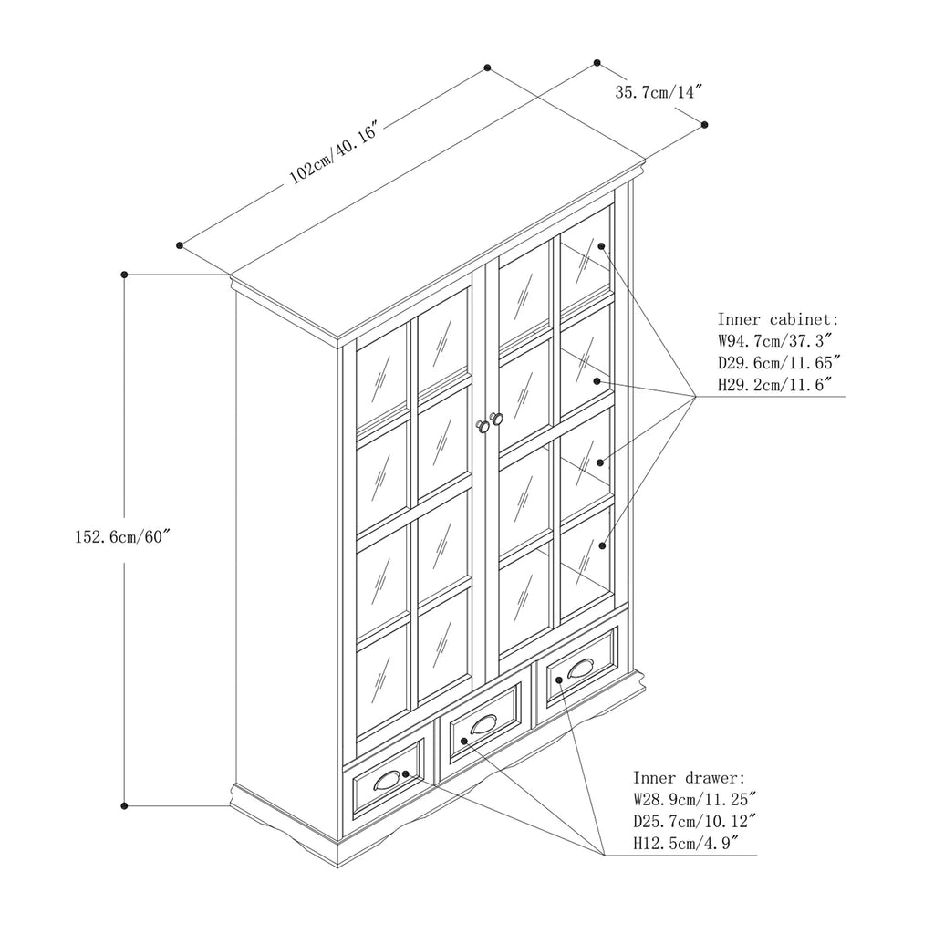 White Storage Cabinet with Tempered Glass Doors and Triple Drawers R9068