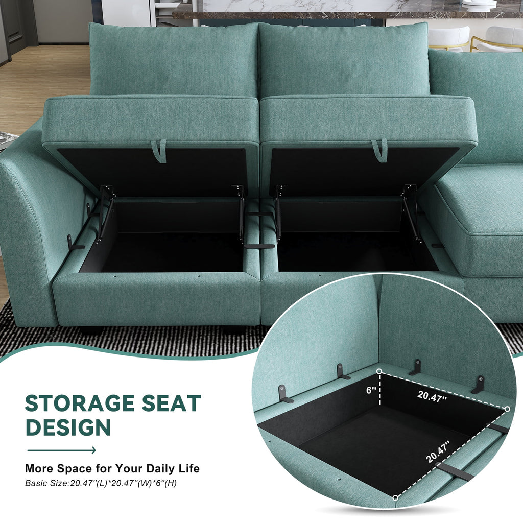 Aqua Blue Fabric 6 Pieces Sleeper Sectional Sofa Bed with Storage Ottomans X329