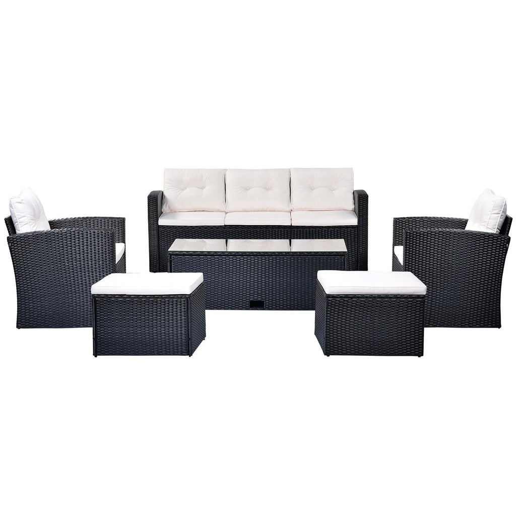 6-piece All-Weather Wicker PE Rattan Patio Outdoor Dining Conversation Sectional Set with Coffee Table, Wicker Sofas, Ottomans, Removable Cushions I514