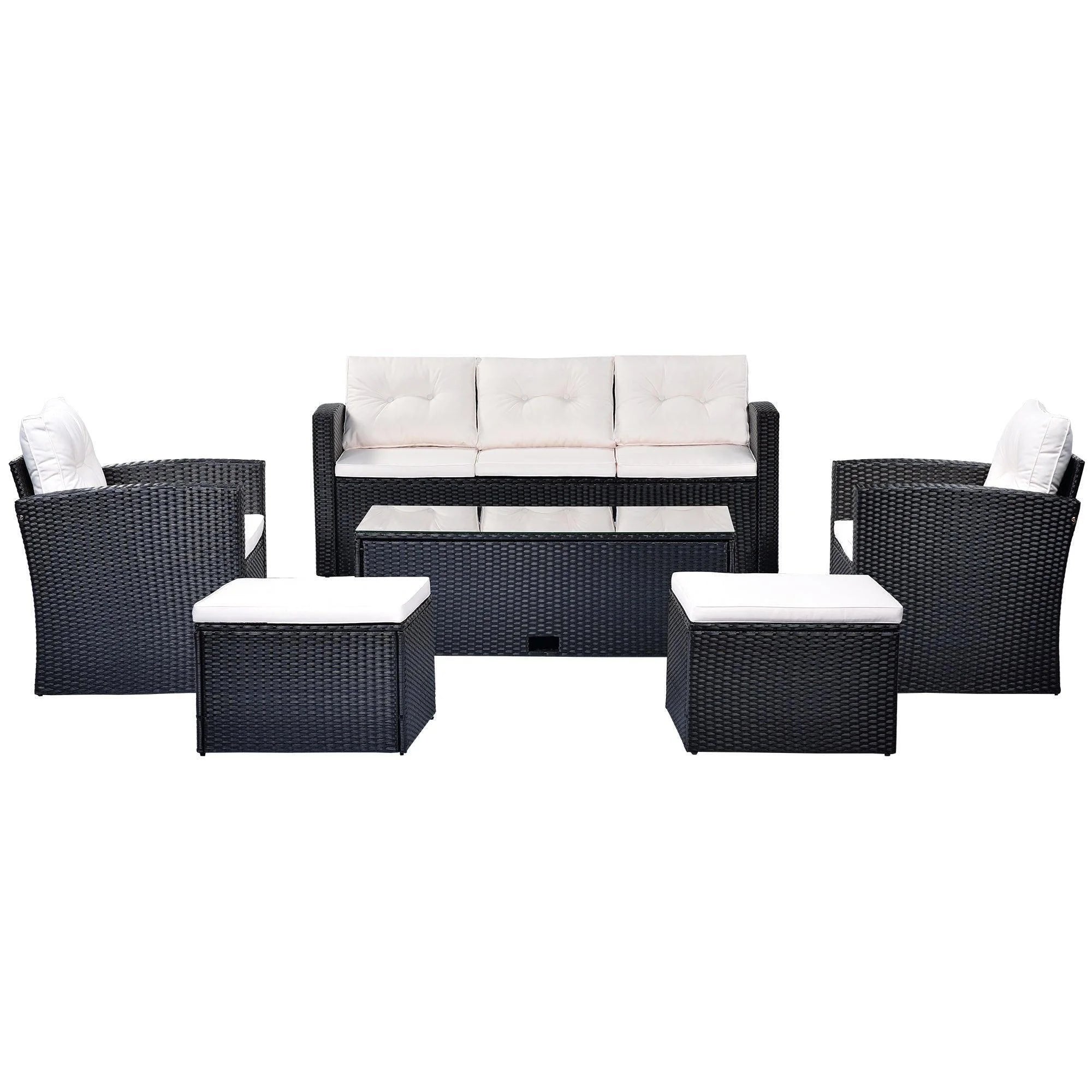 6-piece All-Weather Wicker PE Rattan Patio Outdoor Dining Conversation Sectional Set with Coffee Table, Wicker Sofas, Ottomans, Removable Cushions I514