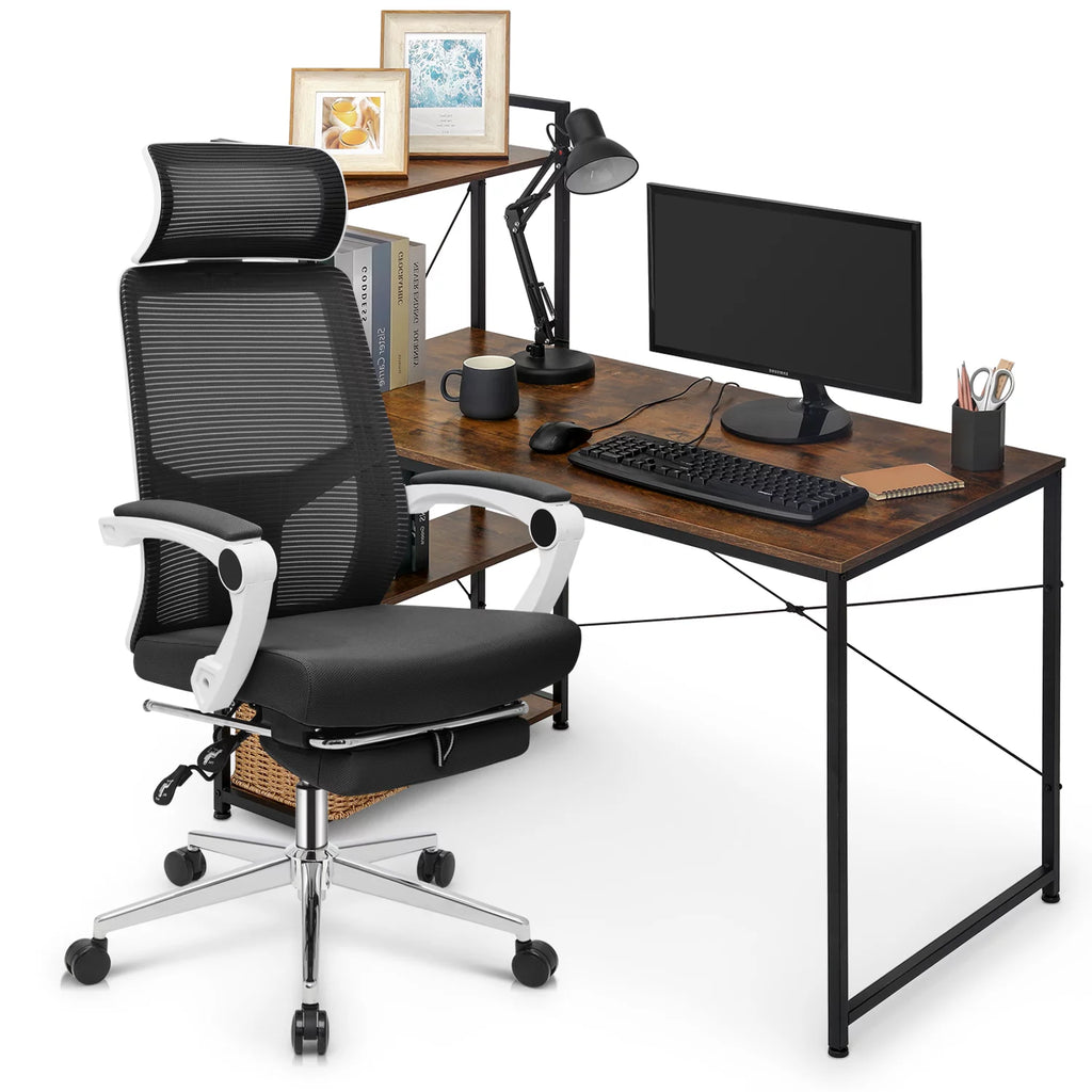 Black Computer Desk and Chair Set with Bookshelf J24218