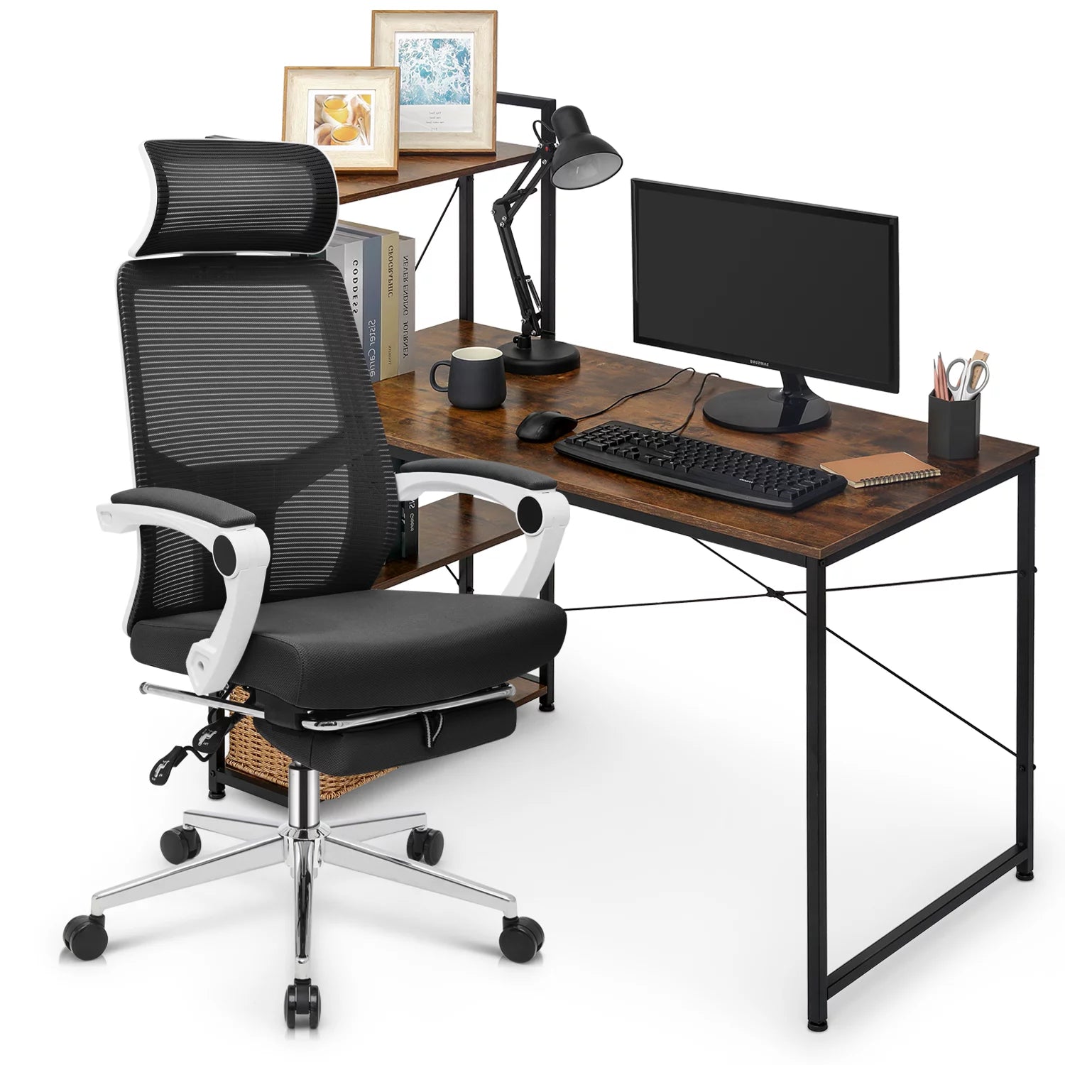 Black Computer Desk and Chair Set with Bookshelf J24218