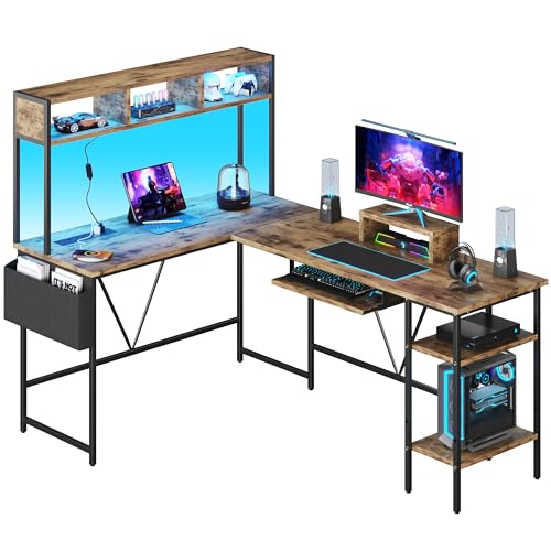 L Shaped Gaming Desk with LED Lights and Power Outlet, Grey T975